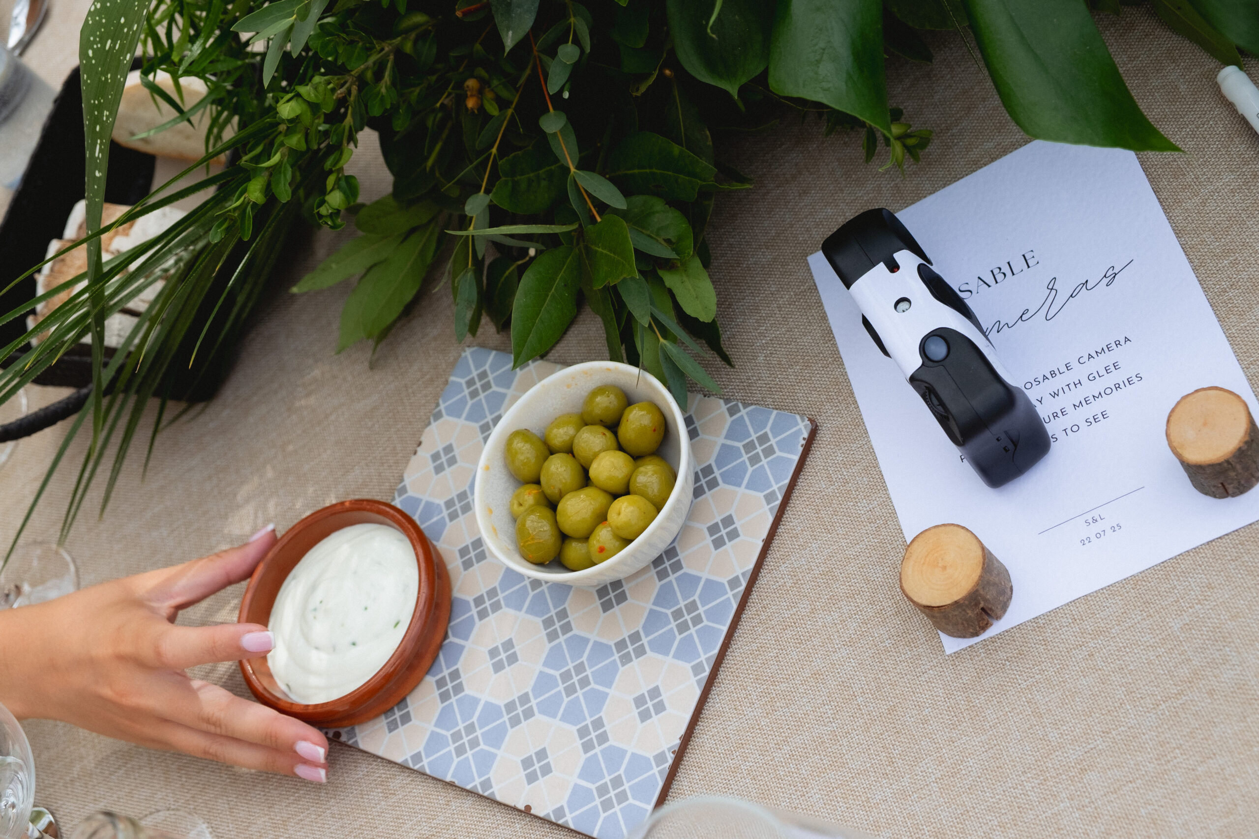 a bowl of green olives, terracotta bowl full with aioli and green plant table decor with a hand reaching into frame to grab the sauce.